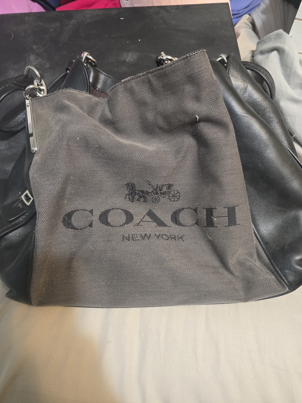Coach New York Black Leather Tote with Canvas Front
